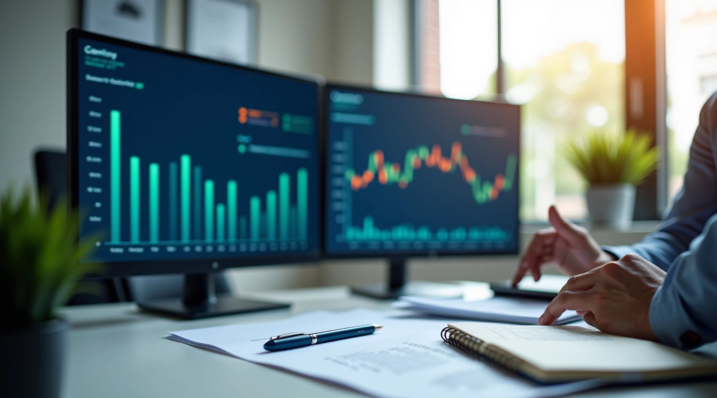 Modern office workspace with dual monitors displaying financial data and models
