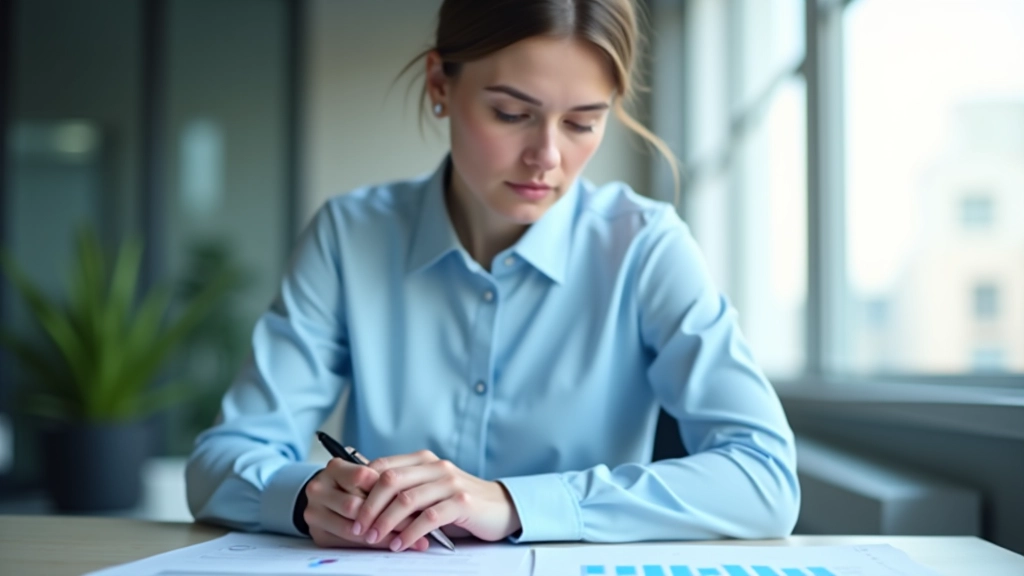 Finance professional at standing desk, reviewing printed forecast reports with annotated notes and trend analysis